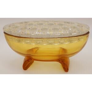 VTG Viking Glass Flowerlite MCM Amber Glass Oval Flower Frog Vase Candle Holder